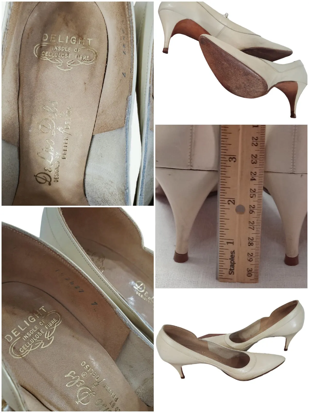 50s/60s DeLiso Debs Cream Leather Pumps - sz 6w, 6.5m, 7n