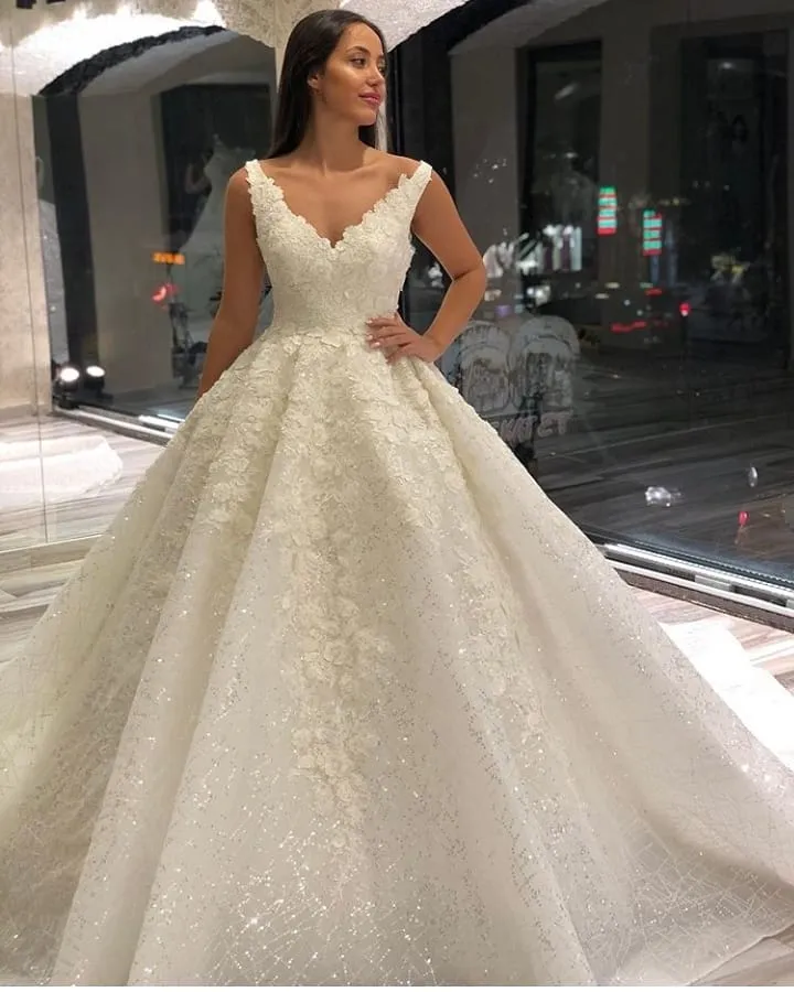 A-Line Deep V-Neck Floor-Length Wedding Dress with Lace and Sequin Appliques