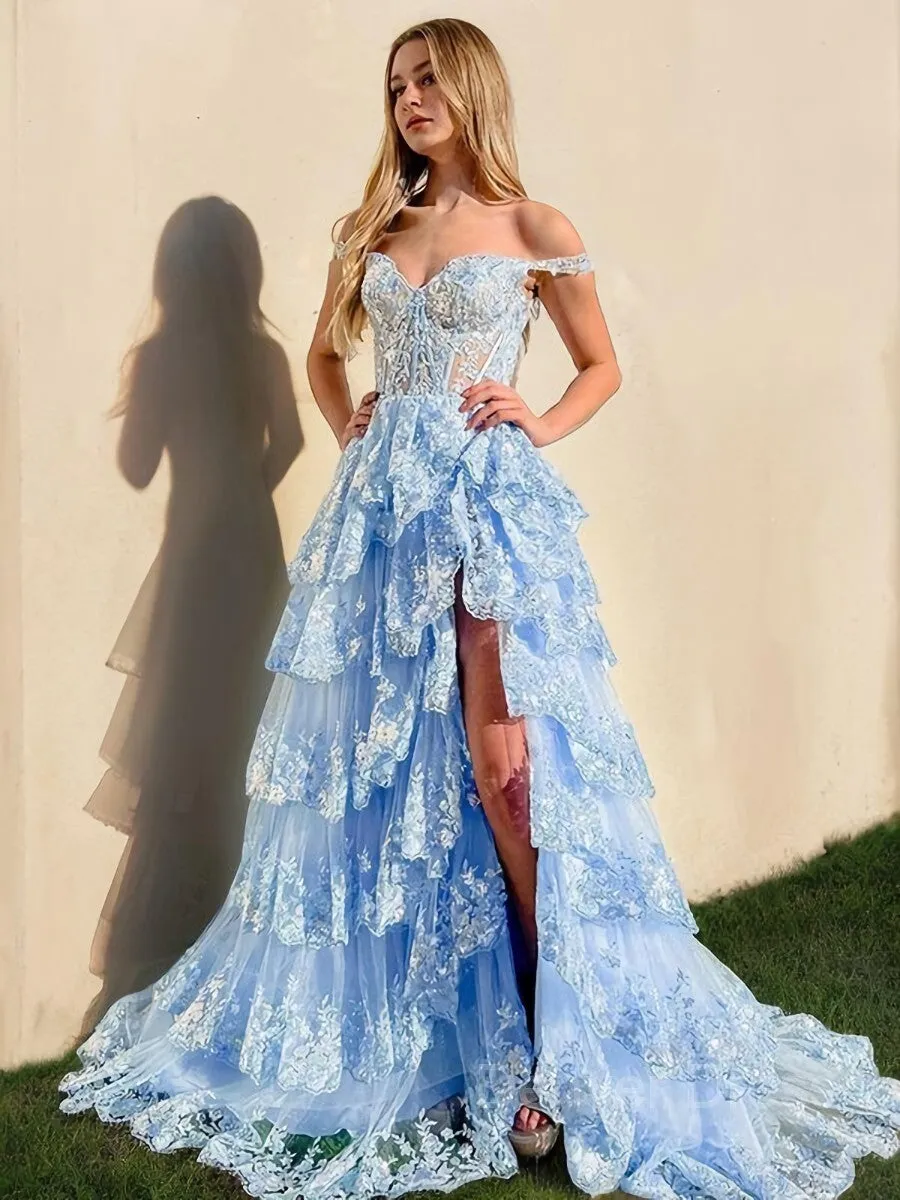 A-Line Straps Court Train Tulle Prom Dresses With Leg Slit