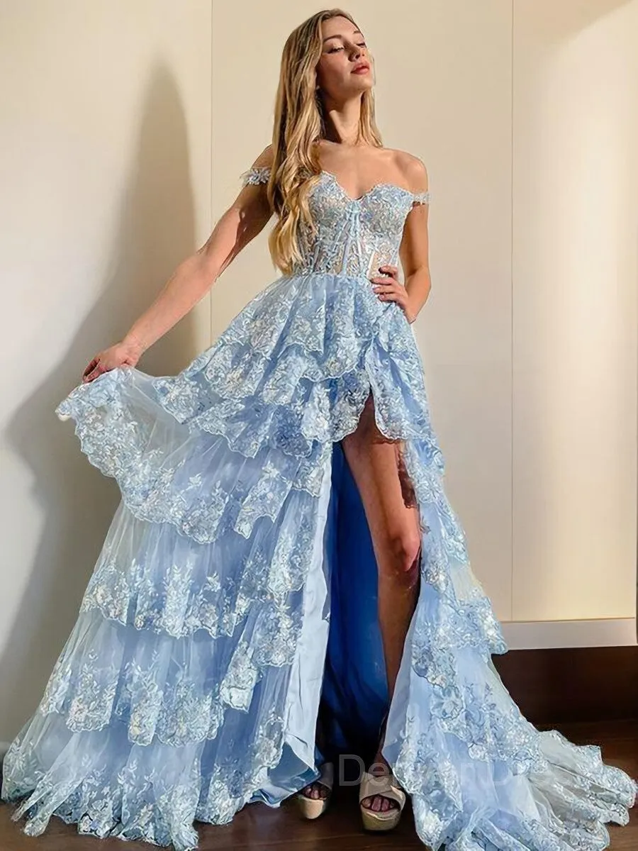 A-Line Straps Court Train Tulle Prom Dresses With Leg Slit