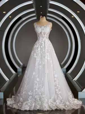 A-Line Straps Court Train Tulle Wedding Dresses with Appliques Lace