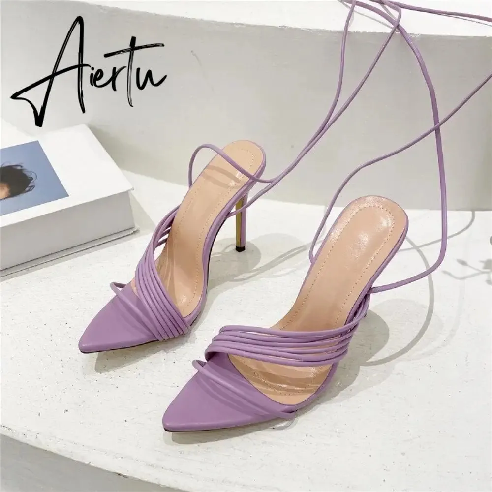 Aiertu Fashion Gladiator Sandals Ankle Strap High Heel  Women Summer Party High Heel  Rope Purple Sandals