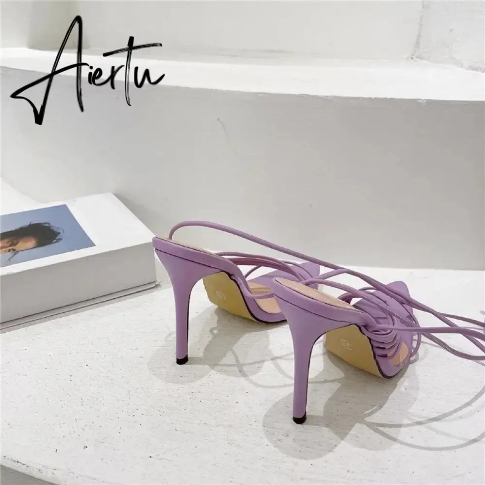 Aiertu Fashion Gladiator Sandals Ankle Strap High Heel  Women Summer Party High Heel  Rope Purple Sandals