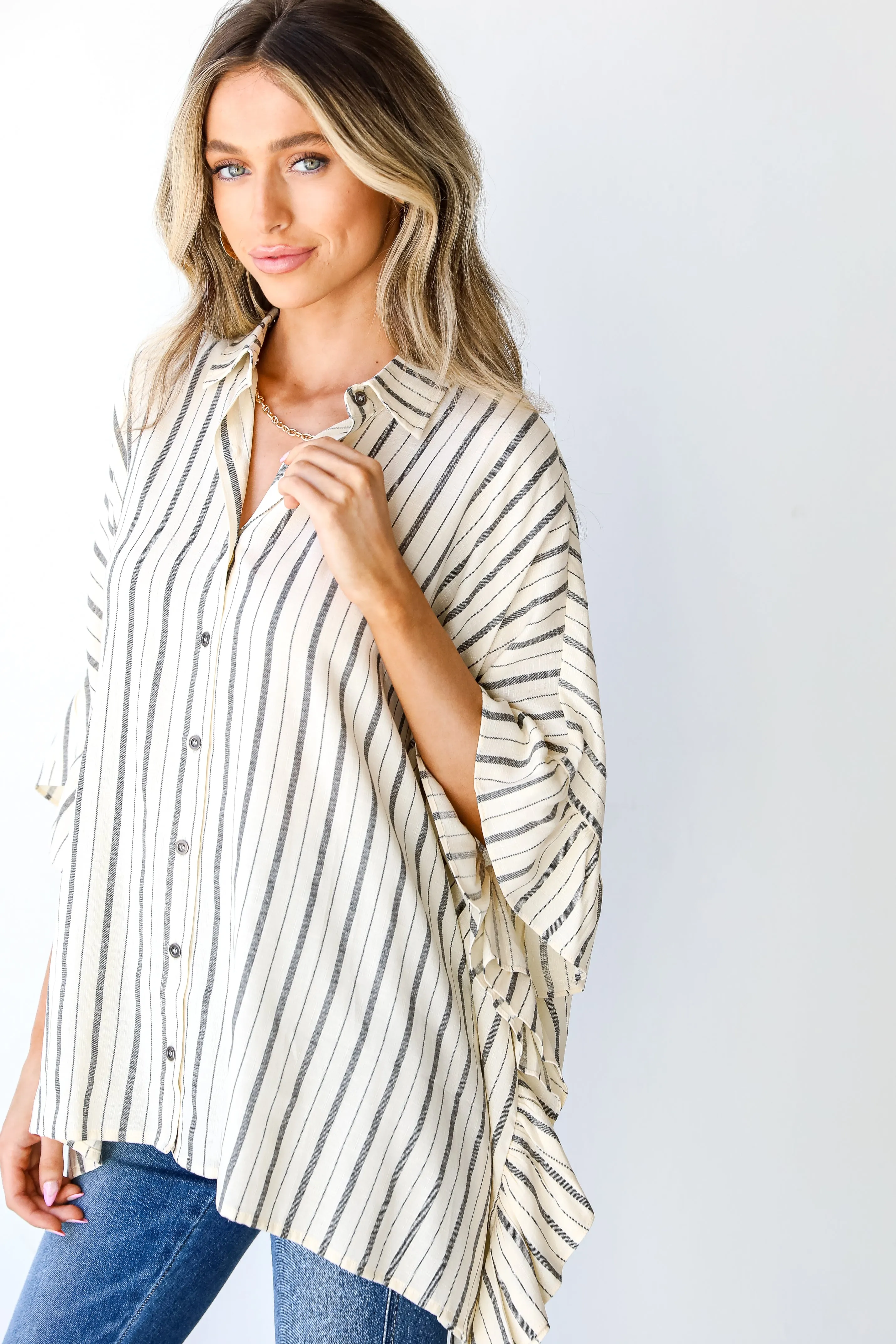 All About You Striped Oversized Ruffle Blouse