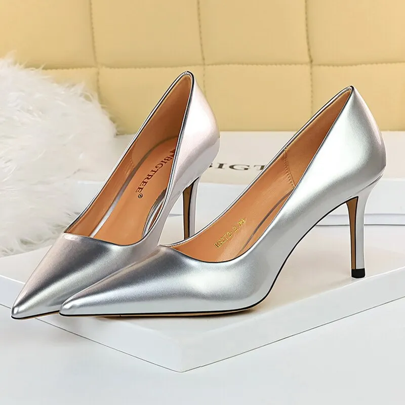 Amozae-Women 8cm High Heels Luxury Designer Pumps Lady Wedding Bridal Blue Low Heels Plus Size 43 Scarpins Stripper Shiny Shoes