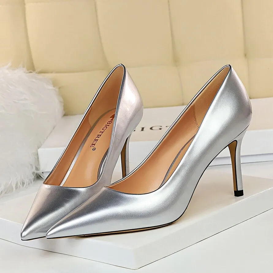 Amozae-Women 8cm High Heels Luxury Designer Pumps Lady Wedding Bridal Blue Low Heels Plus Size 43 Scarpins Stripper Shiny Shoes