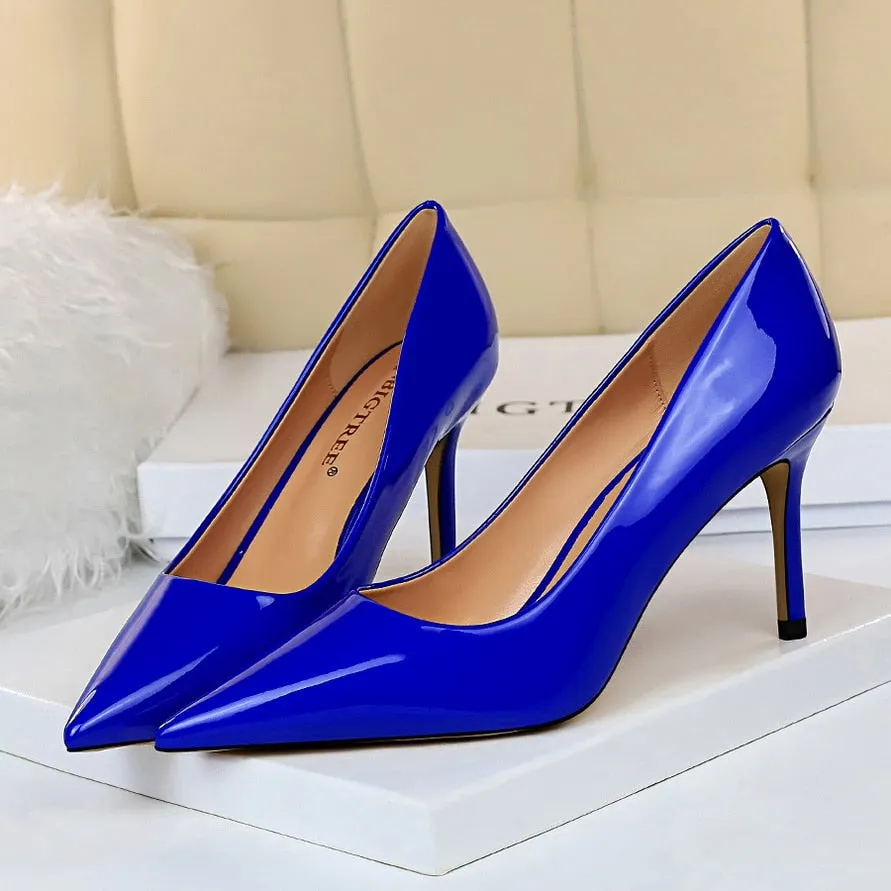 Amozae-Women 8cm High Heels Luxury Designer Pumps Lady Wedding Bridal Blue Low Heels Plus Size 43 Scarpins Stripper Shiny Shoes