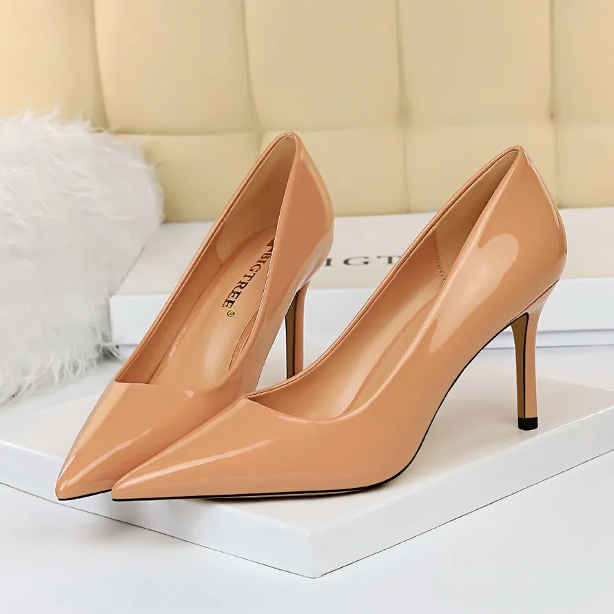 Amozae-Women 8cm High Heels Luxury Designer Pumps Lady Wedding Bridal Blue Low Heels Plus Size 43 Scarpins Stripper Shiny Shoes