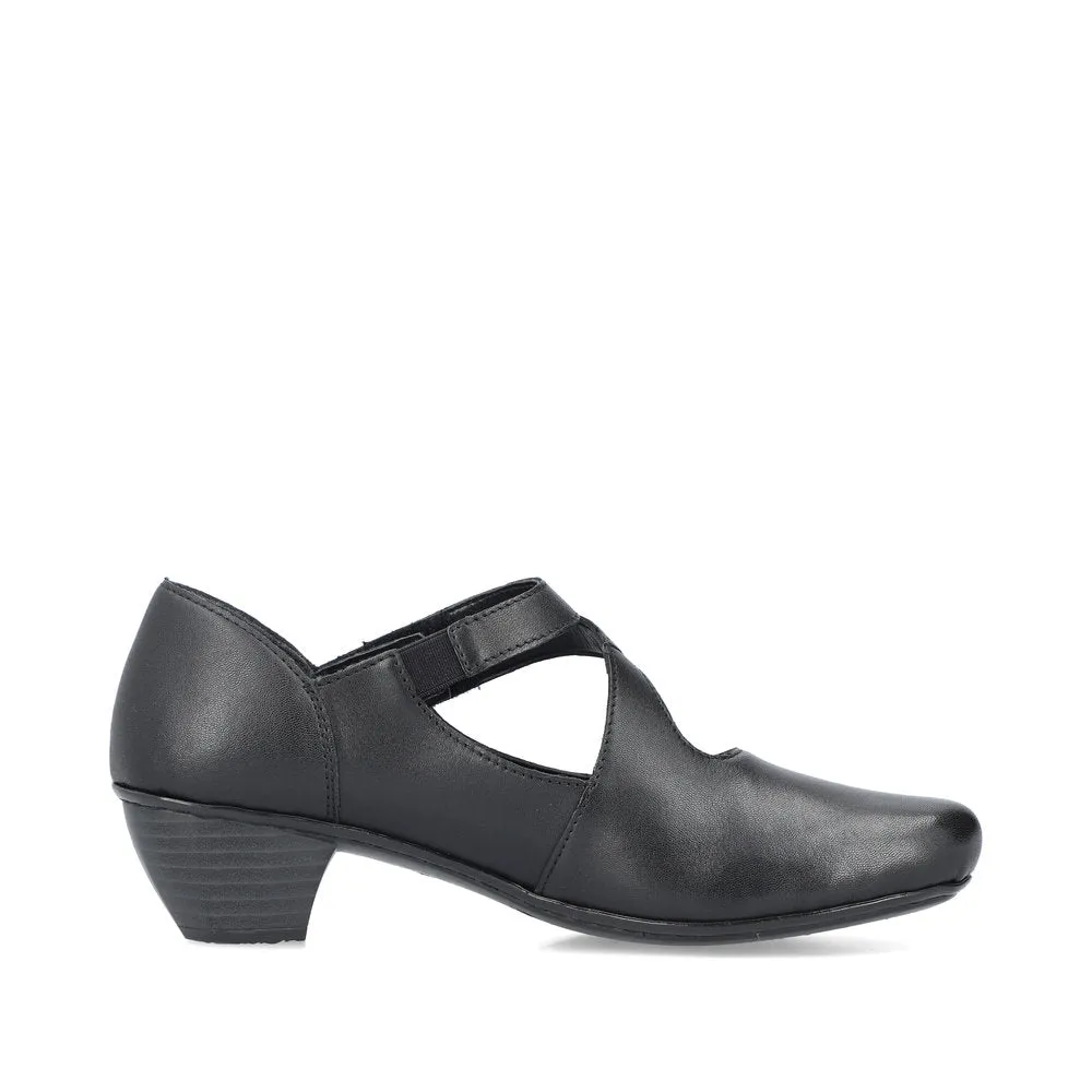 Black Leather Rieker Shoes Low Heel Strap Court 41793-02