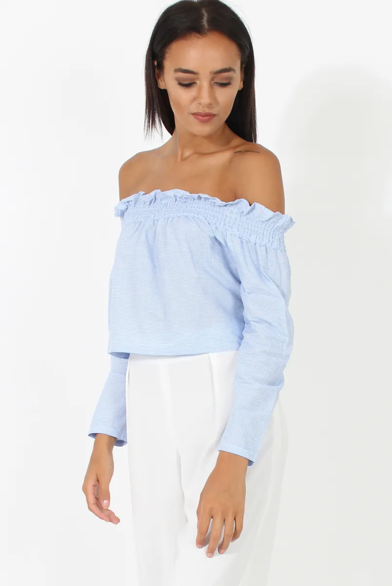 Blue Stripe Off Shoulder Crop Top - Violetta