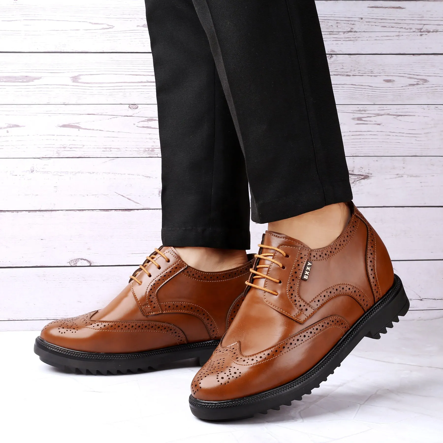 Bxxy Men's 3.5 inch Hidden Height Increasing Faux Leather Formal Brogue Lace-up Shoes