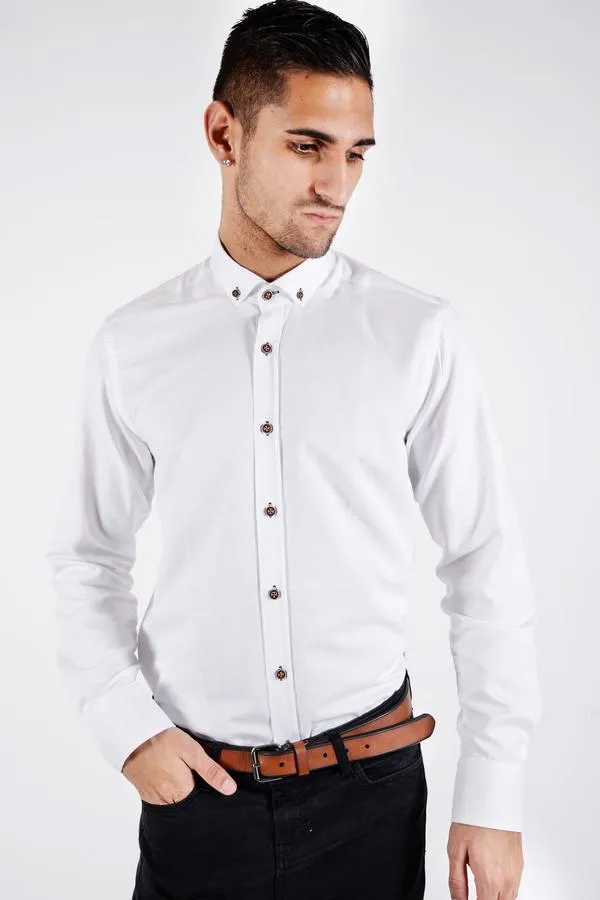 CHARLIE - White Button Down Collar Shirt With Tan Buttons | Marc Darcy