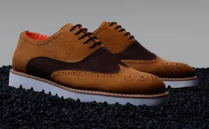 Cognac and brown lace-up wingtip suede men's casual shoes