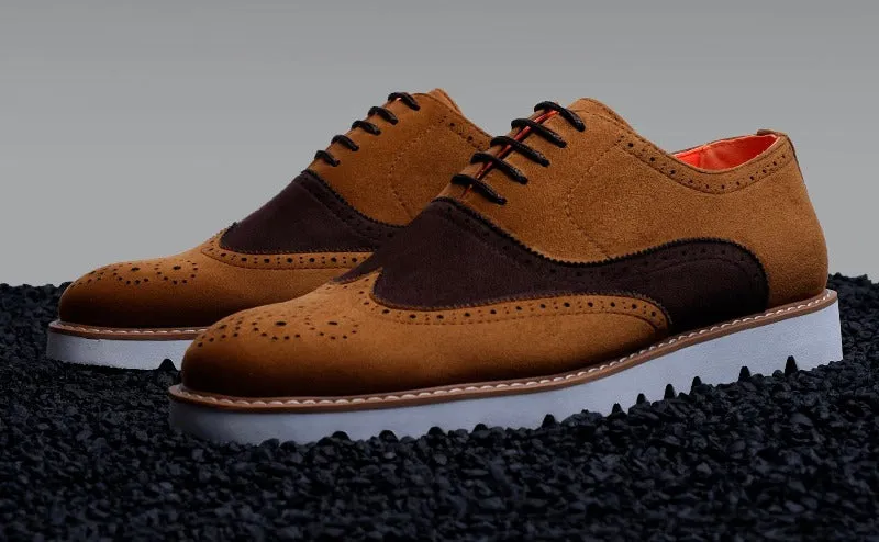 Cognac and brown lace-up wingtip suede men's casual shoes