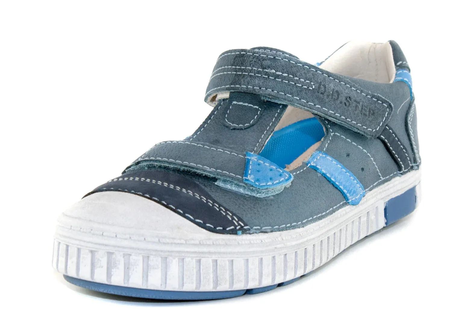 D.D. Step Big Kid Double Strap Boy Sandals/Open Shoes Blue With Stripe - Supportive Leather From Europe Kids Orthopedic