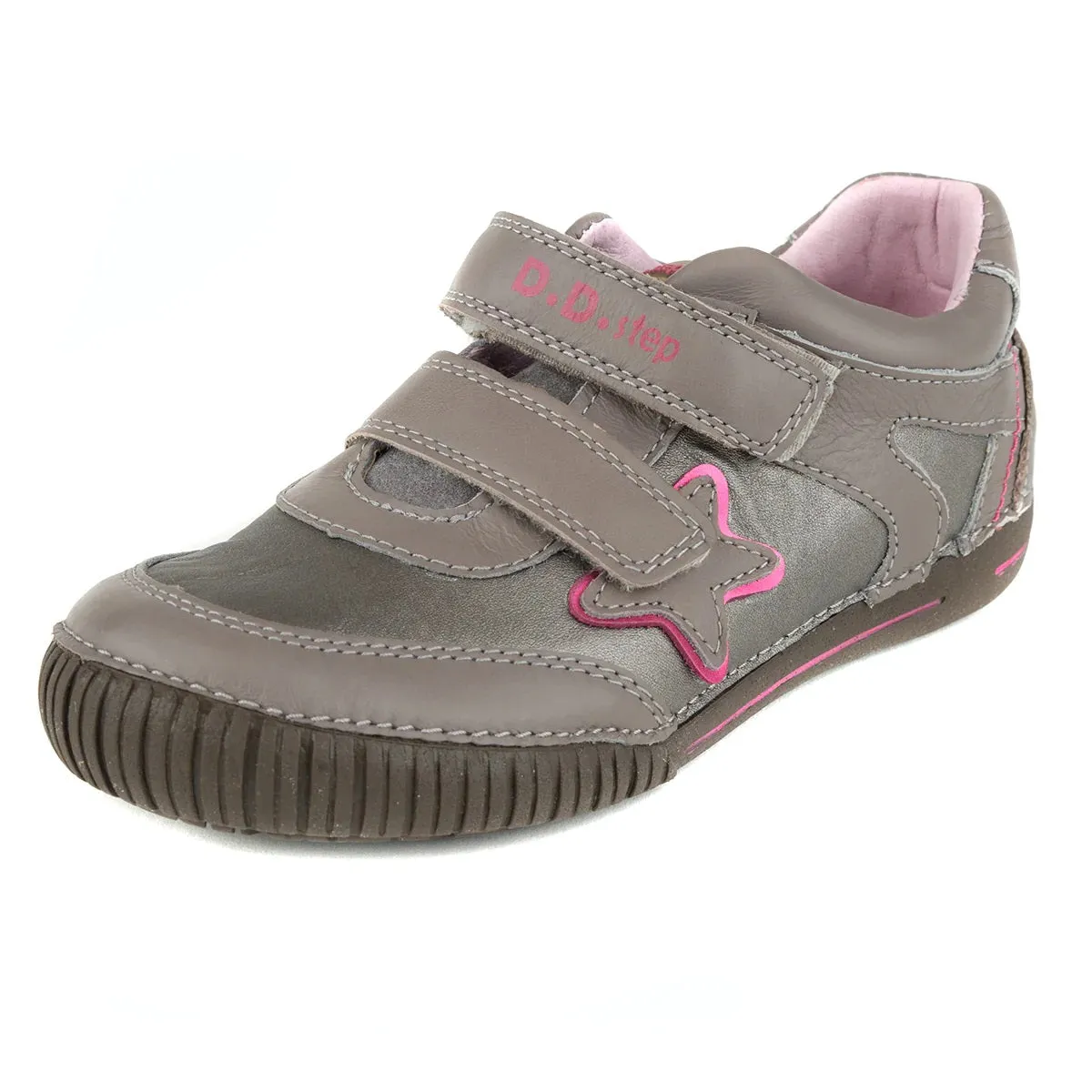 D.D. Step Big Kid Girl Double Strap Shoes Khaki With Star - Supportive Leather From Europe Kids Orthopedic