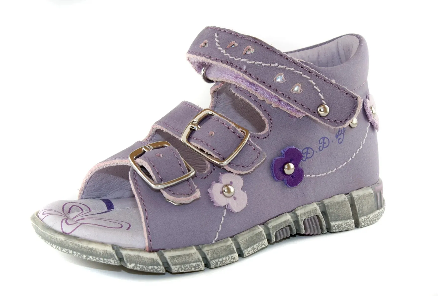 D.D. Step Girls Sandals Purple With Flowers - Supportive Leather Shoes From Europe Kids Orthopedic