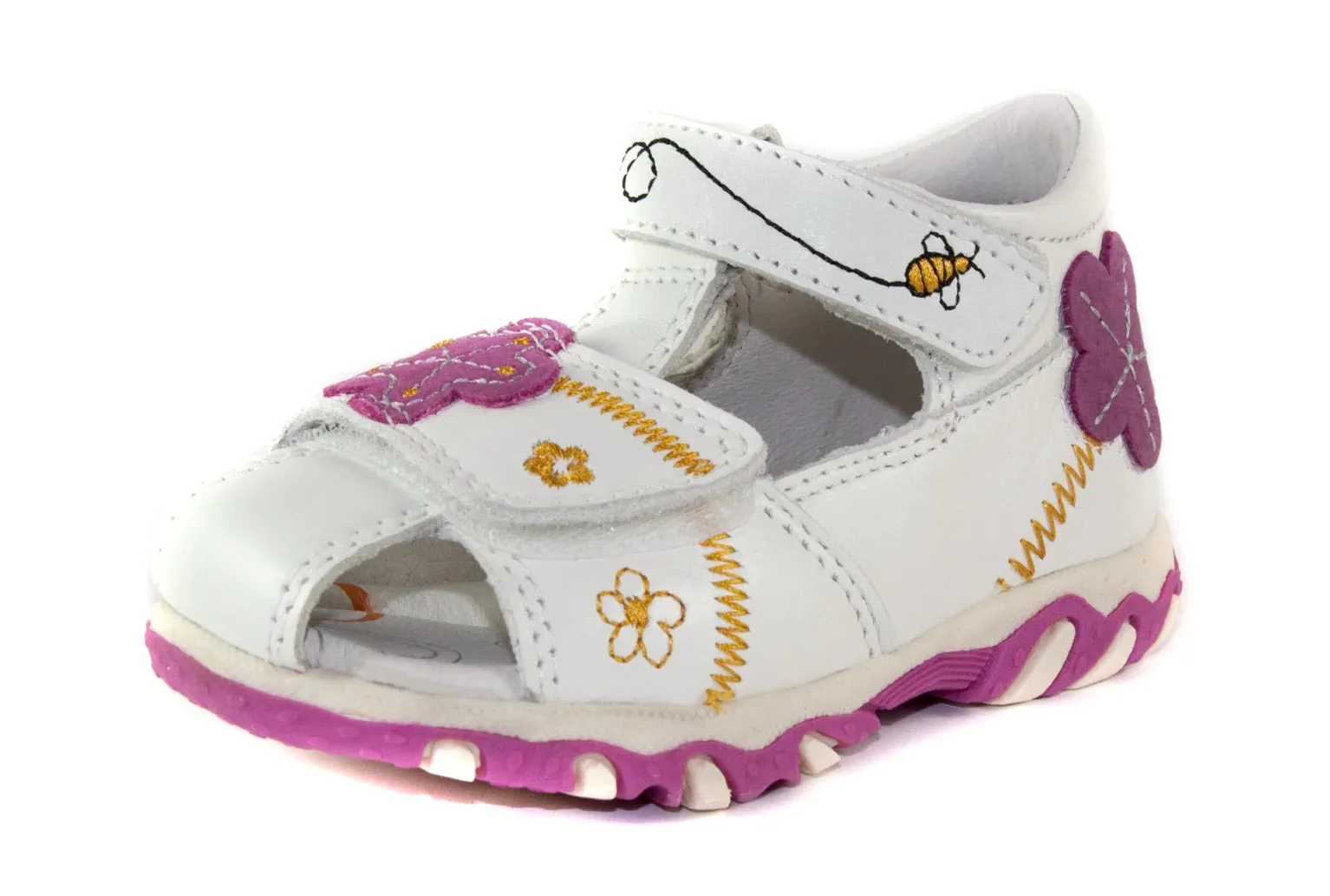 D.D. Step Girls Sandals White With Bees And Flower - Supportive Leather Shoes From Europe Kids Orthopedic