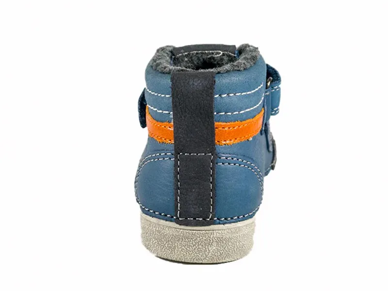 D.D. Step Little Kid Boy Shoes/Winter Boots With Faux Fur Insulation Blue Orange And Grey Decor Stripes - Supportive Leather Shoes From Europe Kids Orthopedic