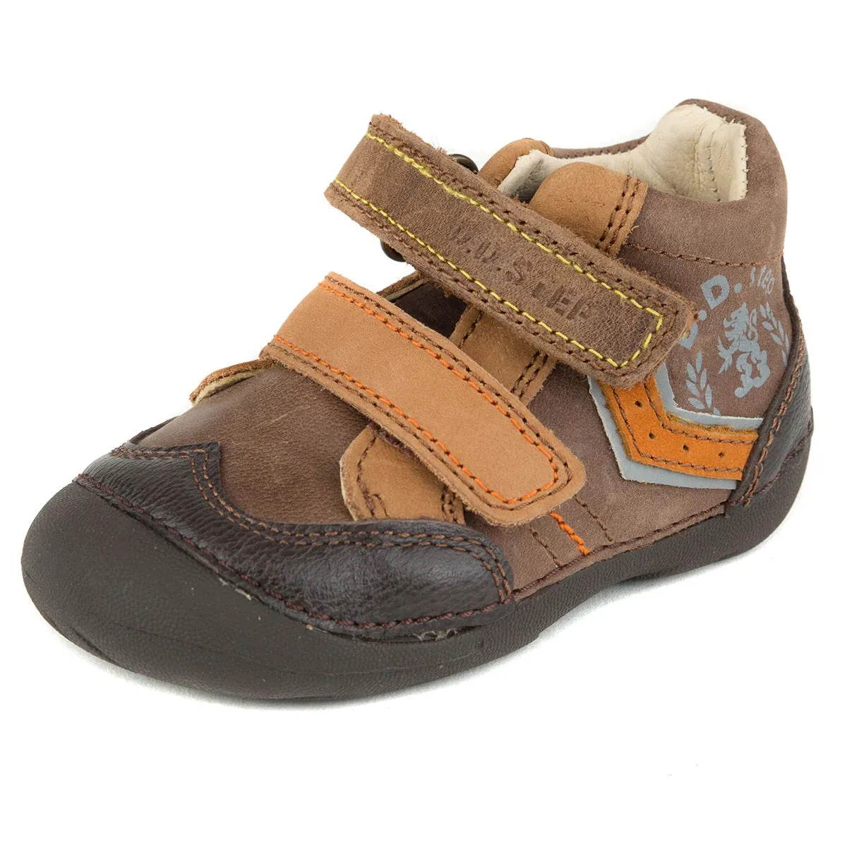 D.D. Step Toddler Boy Shoes Brown With Orange Stripe - Supportive Leather From Europe Kids Orthopedic