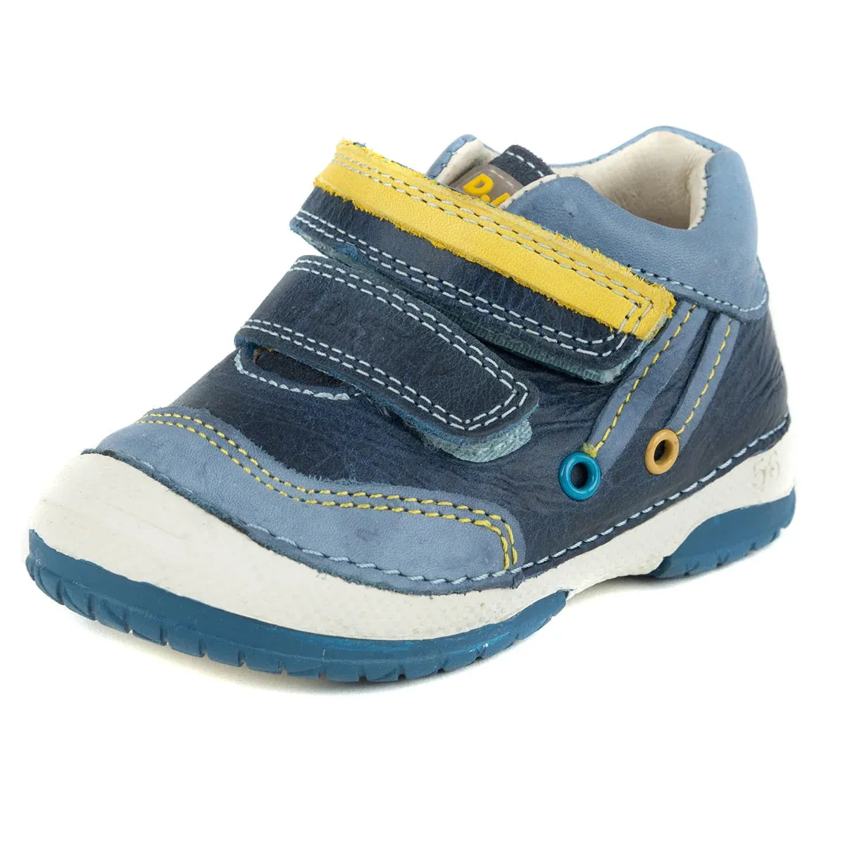 D.D. Step Toddler Boy Shoes Dark Blue With Yellow And Decor - Supportive Leather From Europe Kids Orthopedic