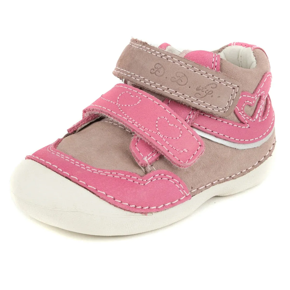 D.D. Step Toddler Girl Shoes Beige And Pink With Heart - Supportive Leather From Europe Kids Orthopedic