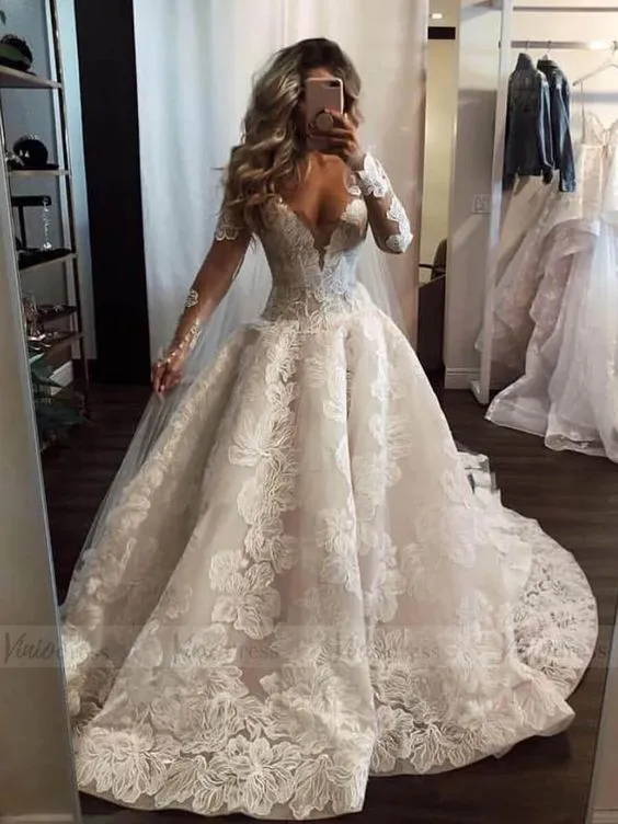 Deep V-neck Long Sleeves A-Line Wedding Dress With Pearl Details Lace Appliques