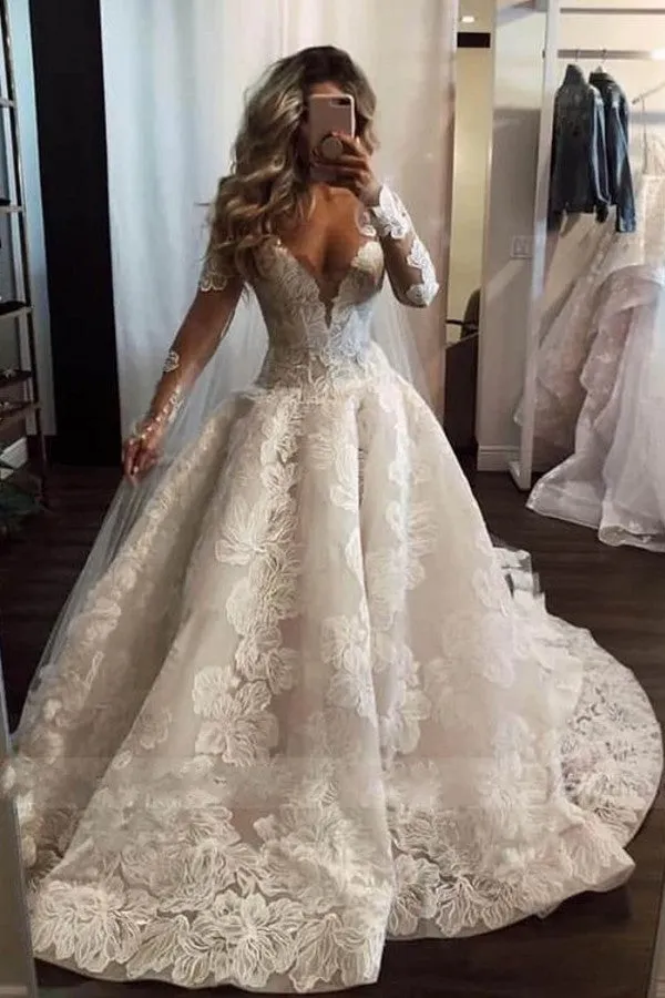 Deep V-neck Long Sleeves A-Line Wedding Dress With Pearl Details Lace Appliques