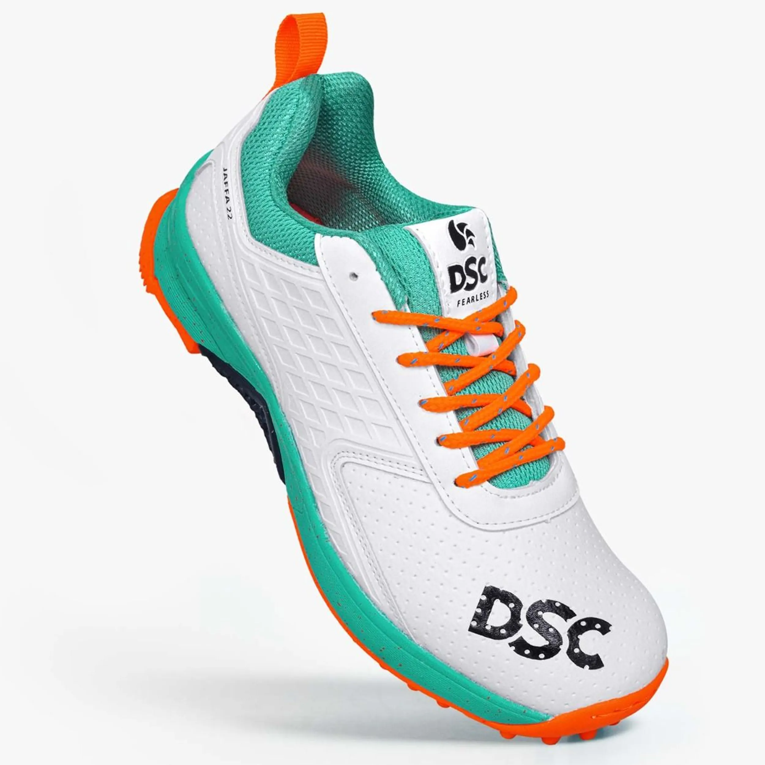 DSC Jaffa 22 Cricket Spike Shoes (Sea Green / Fluro Orange)