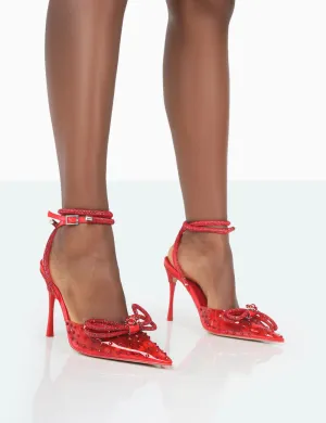 Girl Gang Red Perspex Diamante Wrap Around Pointed Court Heels