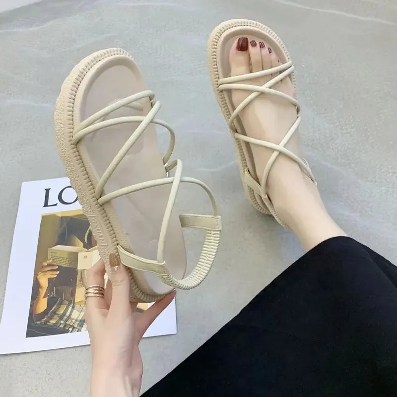 Hnzxzm Sandals for Woman Platform Summer 2024 Beach Women's Shoes Beige Footwear with Medium Heels Orthopedic Roman Style Daily F H Vip