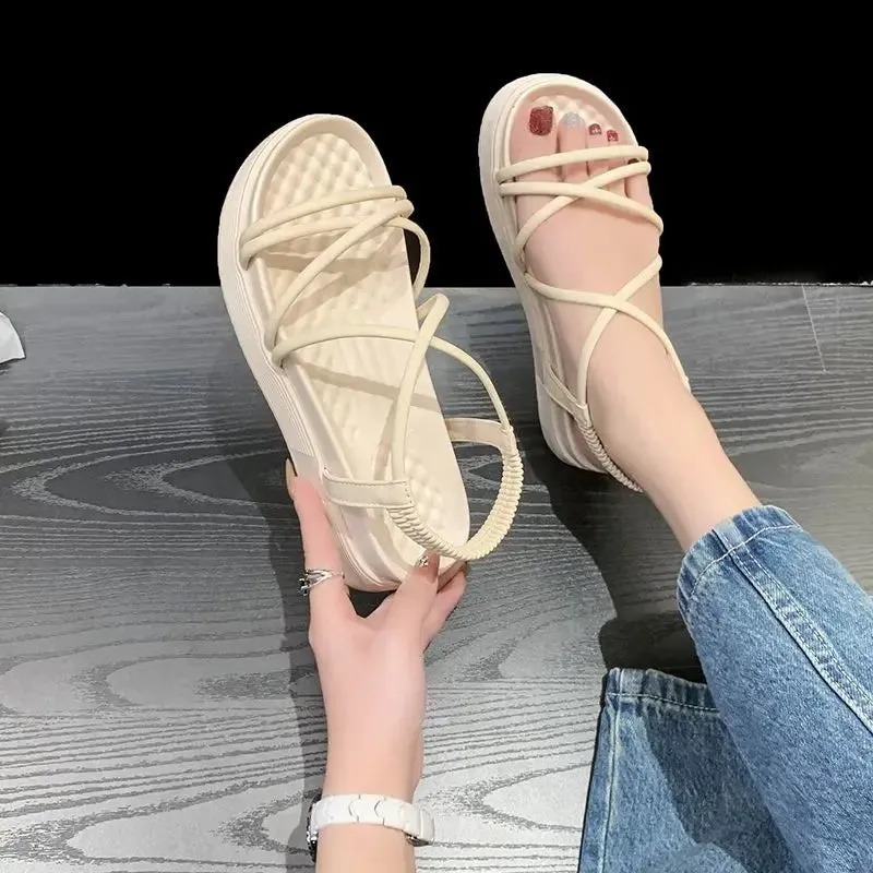 Hnzxzm Sandals for Woman Platform Summer 2024 Beach Women's Shoes Beige Footwear with Medium Heels Orthopedic Roman Style Daily F H Vip