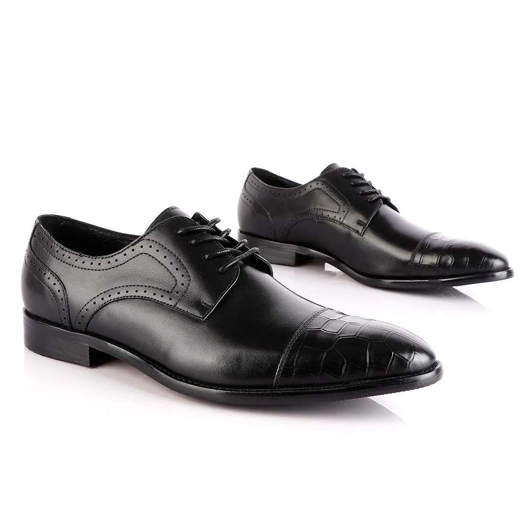 John Foster Oxford Half Croc Laceup Wingtip Black Leather Shoes