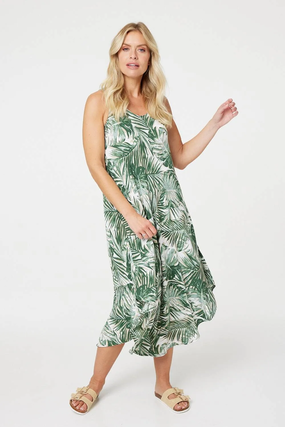 Leaf Print Hanky Hem Midi Dress