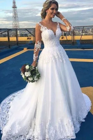 Long Sleeve White Tulle Wedding Dresses With Lace Appliques