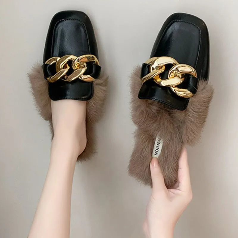 Luxury Golden Chain Fur Lined Ergonomic Design Backless Fluffy Round Toe Orthopedic Insole Winter Mules for Women