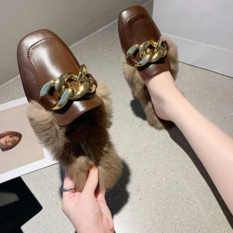 Luxury Golden Chain Fur Lined Ergonomic Design Backless Fluffy Round Toe Orthopedic Insole Winter Mules for Women