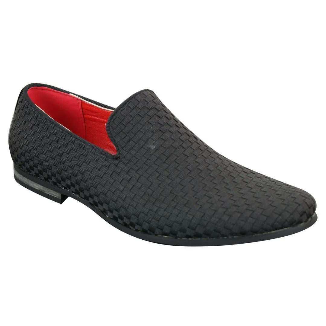 Mens Textured Slip On Black Blue Check Shoes Smart Casual Formal Italian Design