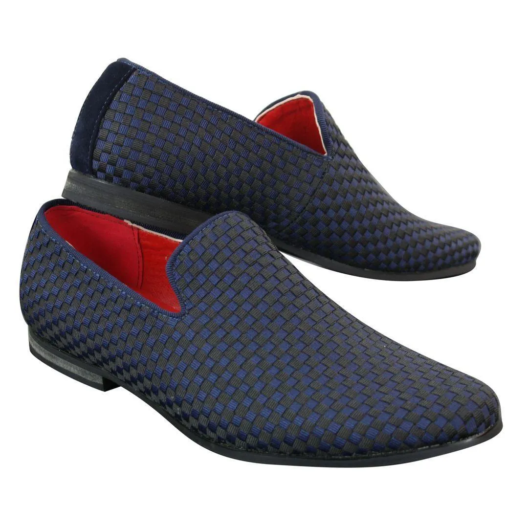 Mens Textured Slip On Black Blue Check Shoes Smart Casual Formal Italian Design