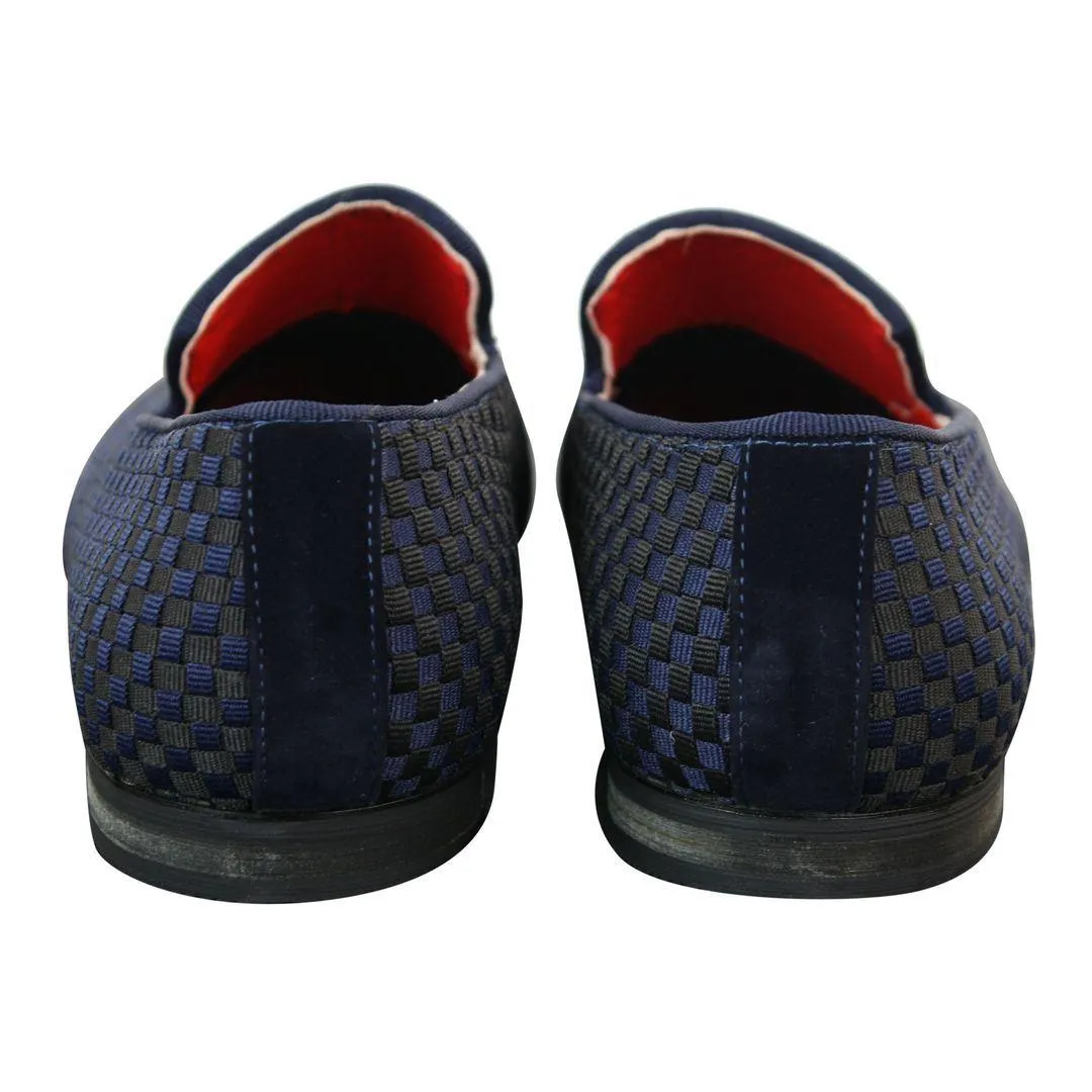 Mens Textured Slip On Black Blue Check Shoes Smart Casual Formal Italian Design