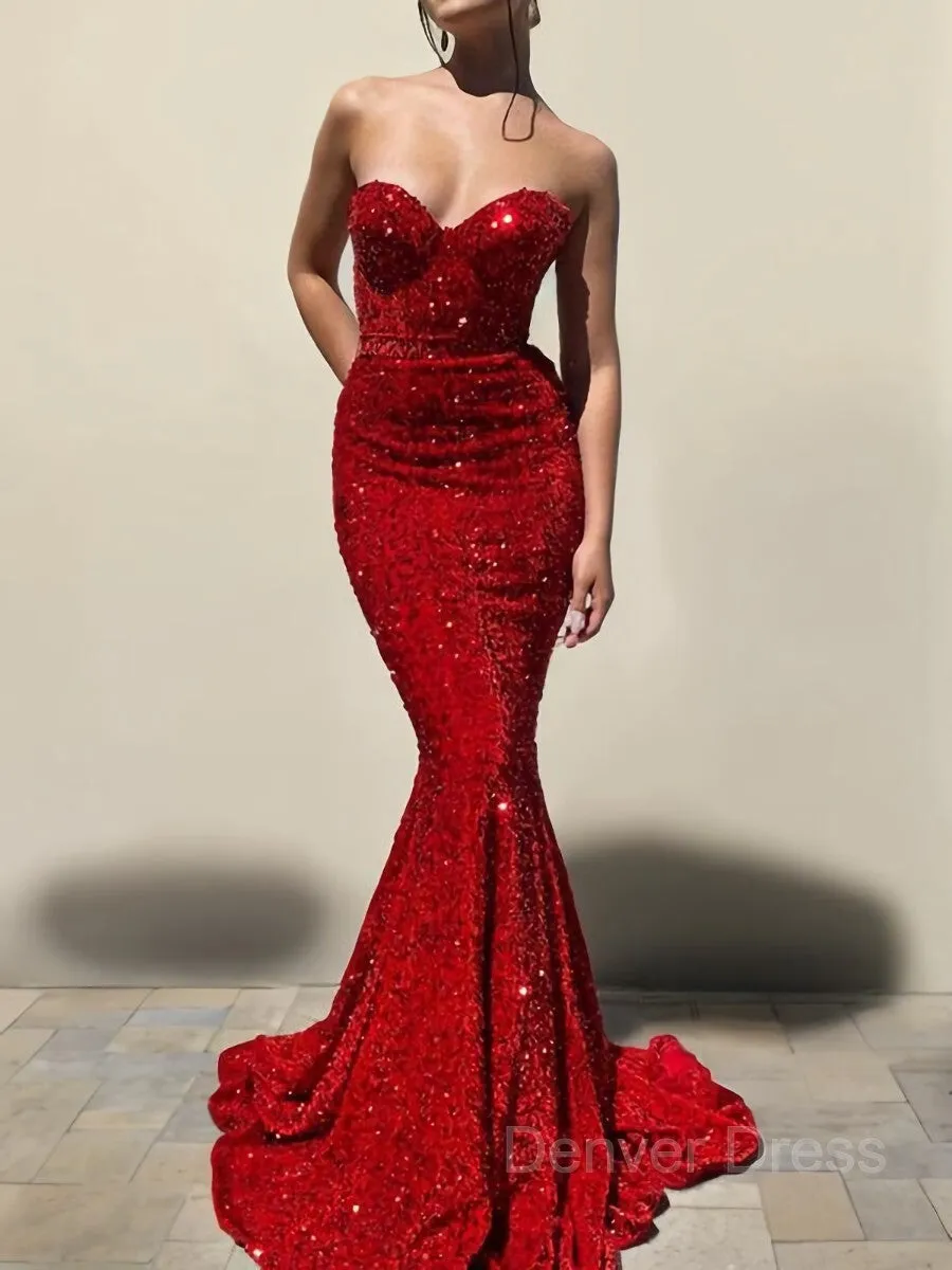 Mermaid Sweetheart Court Train Velvet Sequins Prom Dresses With Ruffles