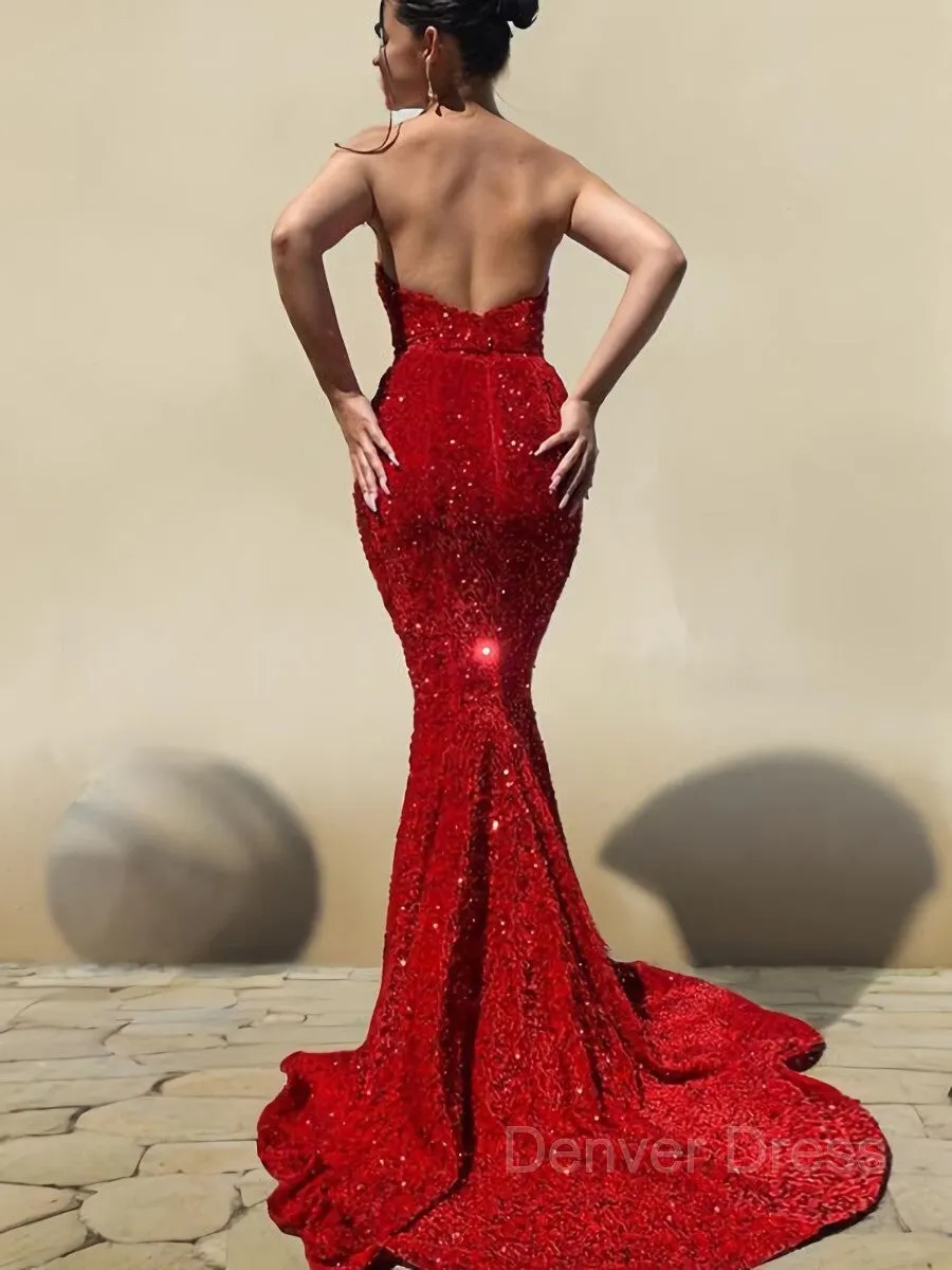 Mermaid Sweetheart Court Train Velvet Sequins Prom Dresses With Ruffles