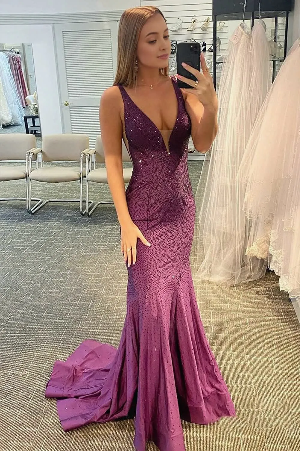 Mermaid V-neck Beaded Mermaid Prom Dress