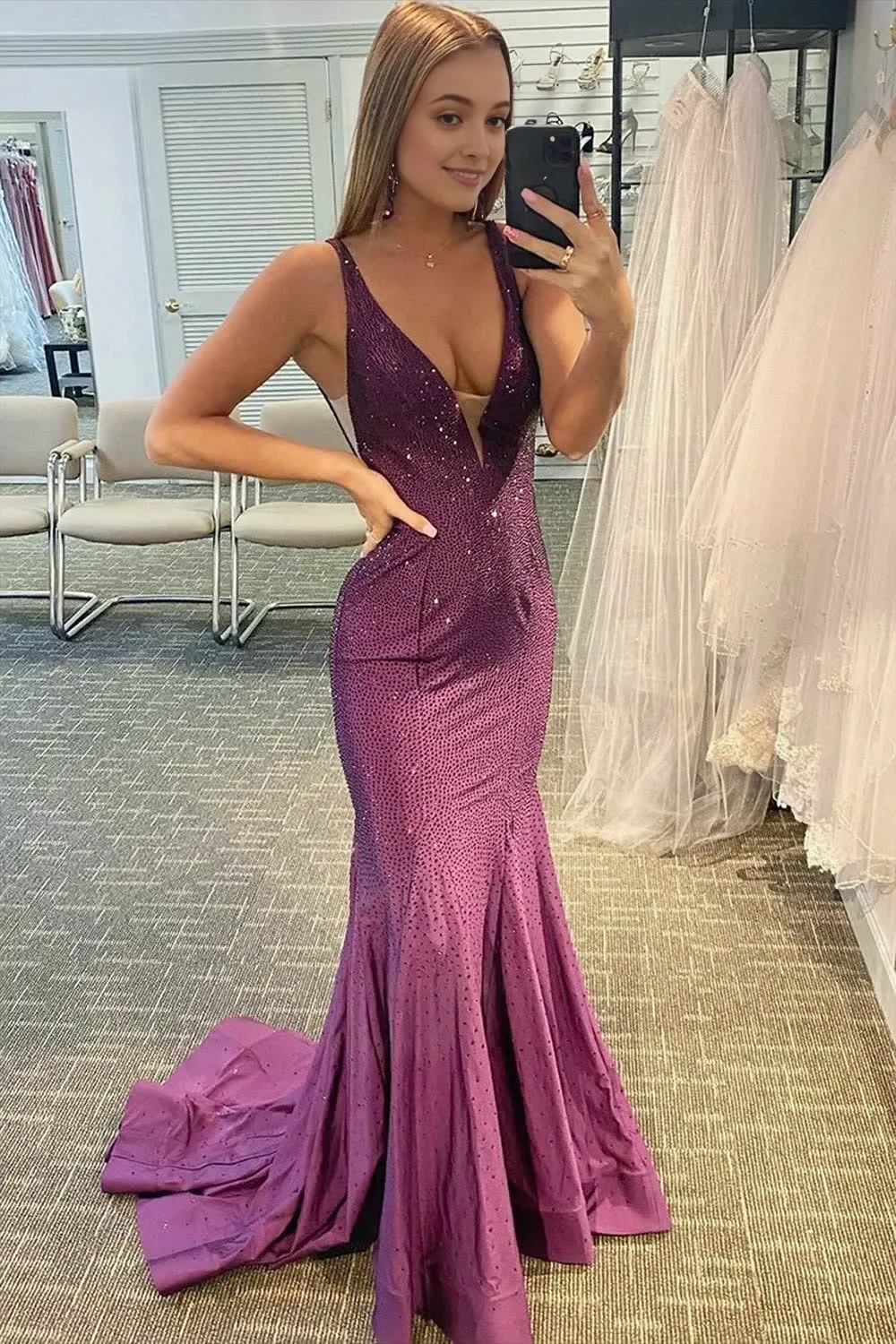 Mermaid V-neck Beaded Mermaid Prom Dress