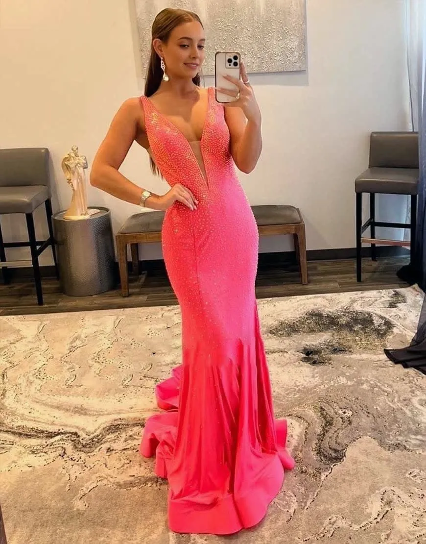 Mermaid V-neck Beaded Mermaid Prom Dress