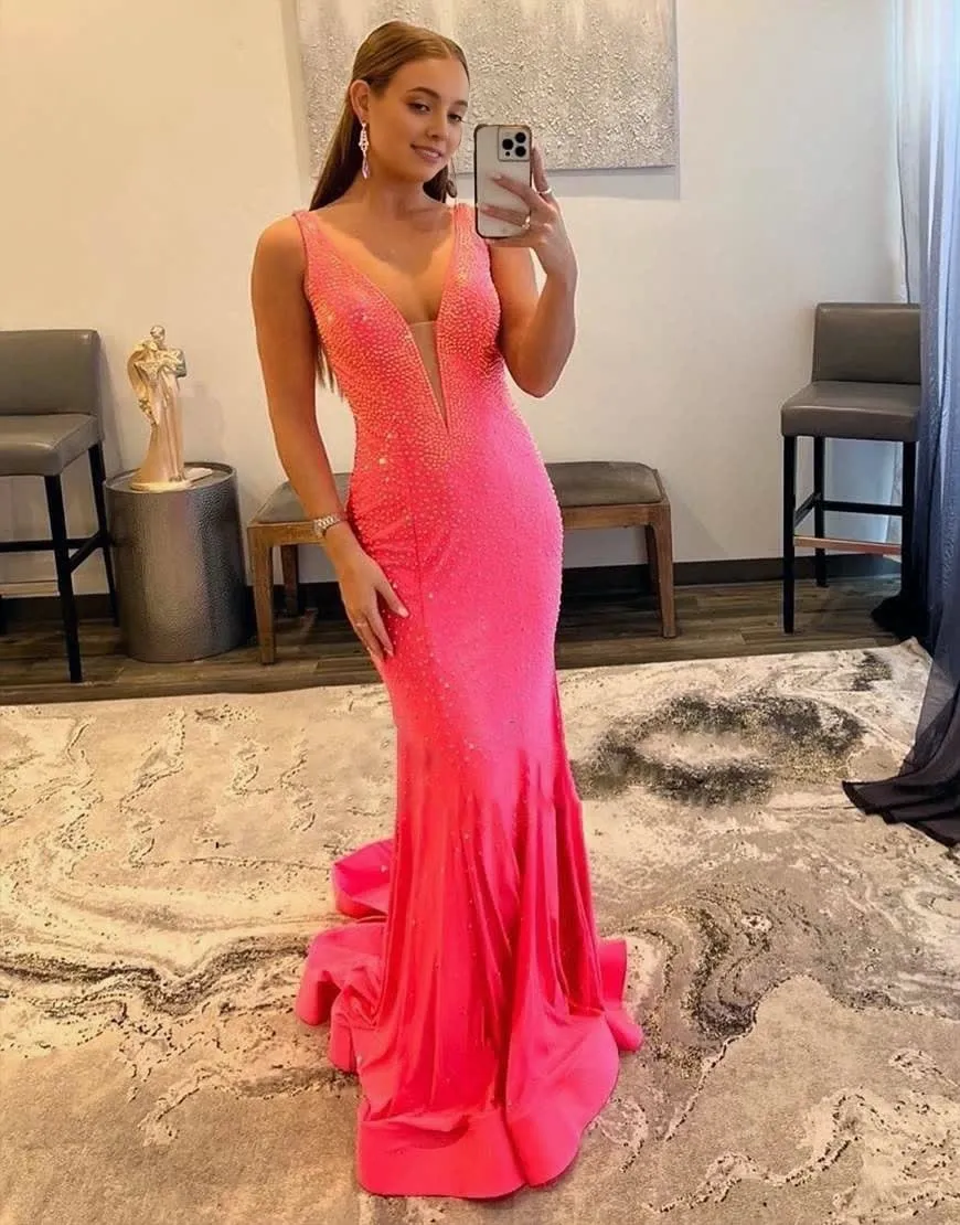 Mermaid V-neck Beaded Mermaid Prom Dress