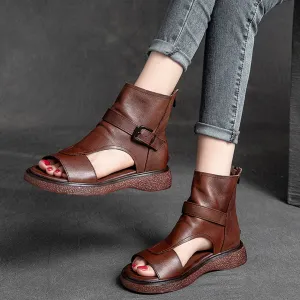 Peep Toe Flat Leather Shoes With Zippers