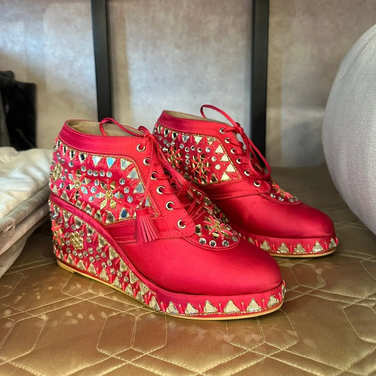 Pink Mirror Work Bridal Sneaker Wedges - Customized Wedding Shoes | Tiesta