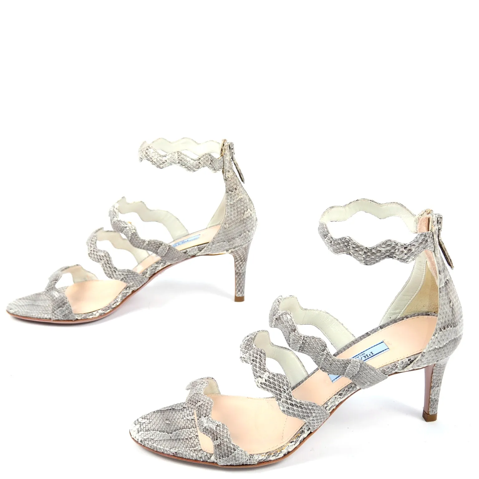 Prada Snakeskin Ankle Strap Shoes With Zip Heels 37