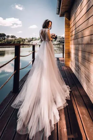 Silver Tulle Rustic Wedding Dress With Beading